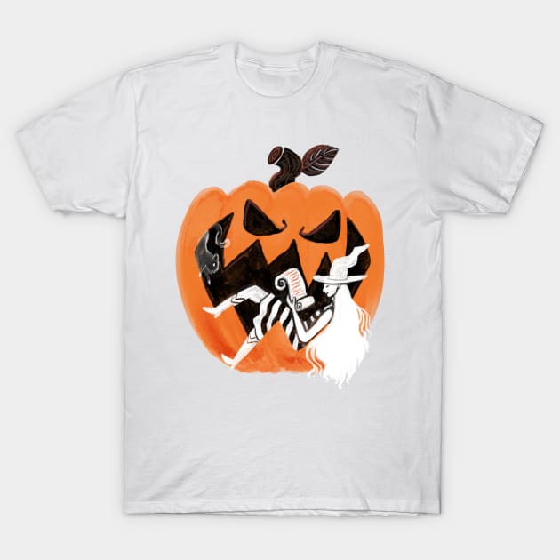 Pumpkin Witch relaxing with her cat T-Shirt by Alice_Wieckowska